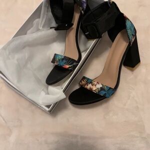 Boots Black Block Heel Sandals with Tropical Floral Straps